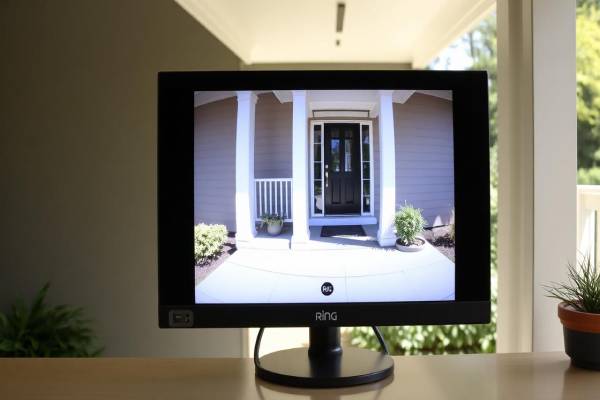 A live Ring doorbell feed on a PC monitor.
